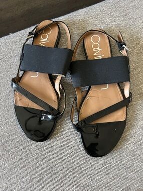 Calvin Klein Black Patent Leather Elastic Band Slingback Sandals